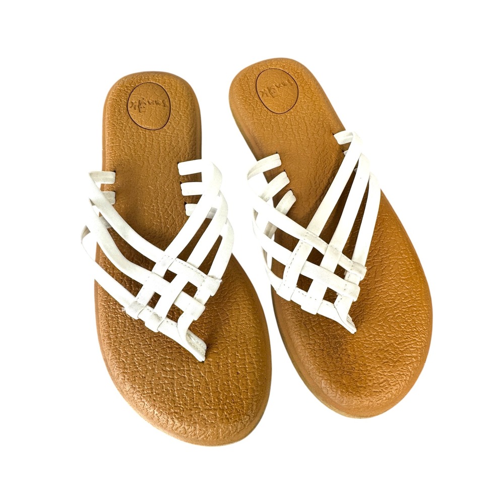 Sanuk‎ Yoga Sling White Strappy Sandals Women Size 6 1103940 Tan Footbed Beacy